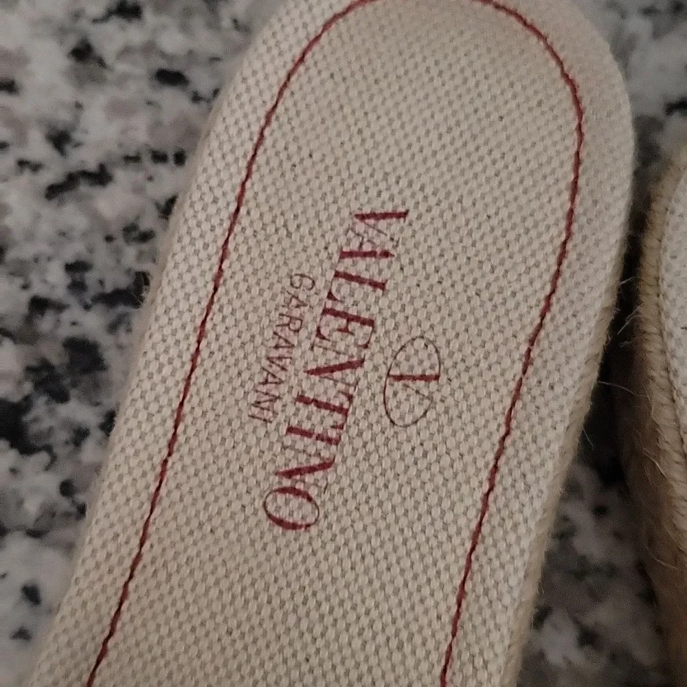 VALENTINO GARAVANI Atelier Eyelet Flat Espadrille Slide Sandals Natural 37.5